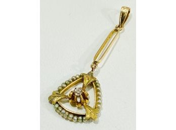 Antique 10 K  Yellow Gold , Seed Pearl & Diamond Dangle Pendant