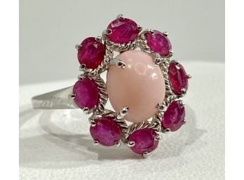 Sterling Silver , Ruby & Pink Cabochon Ring
