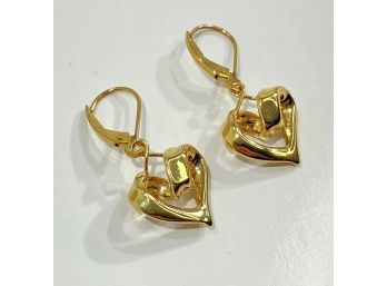 Pair Of 10 K Yellow Gold Dangle Heart Earrings     -Unused -   Israel