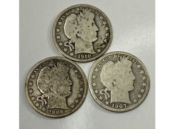 Lot Of 3 Old US Silver Barber Half Dollars     1906-D , 1907-O &  1910