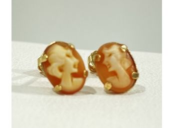 Vintage Pair Of 14 K Yellow Gold & Carved Shell Cameo Stud Earrings