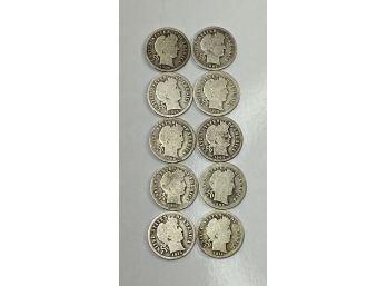 Lot Of (10) Old US Silver Barber Dimes     1899 - 1914