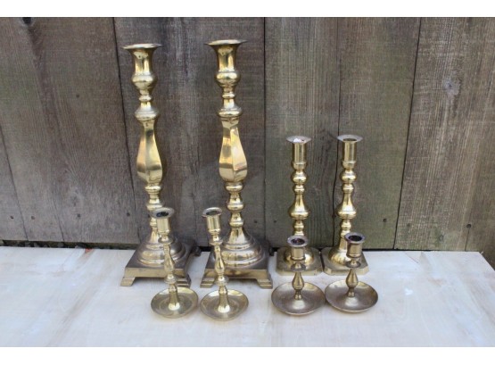 Great Collection Of Turned  Brass Candlesticks