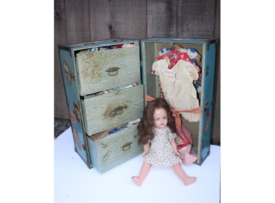 Antique Doll, Clothing And Dressing Trunk