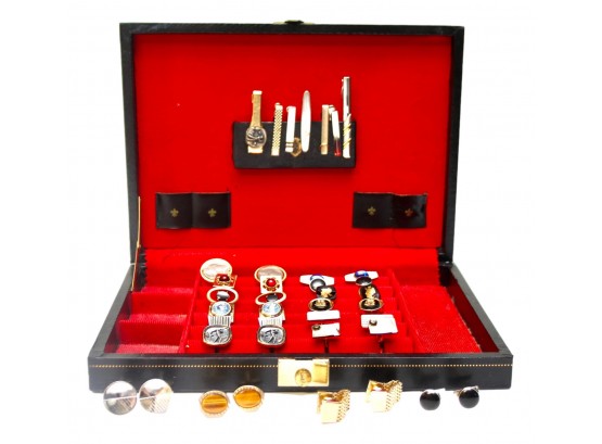 Collection Of Vintage Mens Cufflinks, Tie Clips And A Carrying Box