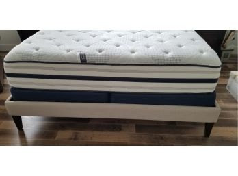 Narrow Leg Upholstered King Bed Frame With Poly Linen Weave With Beauty Rest Royal Palms Plush King Mattress