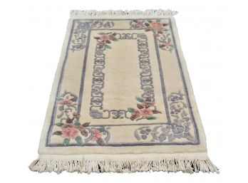 Kansu Wool Pile Hand Made Small Area Rug In Trellis Floral Ivory Blue (4' 9' X 2' 7')