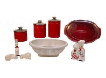 Kitchen Aid Strainer, Storage Canisters, Fitz And Floyd Cat Salt And Pepper Shaker And More!