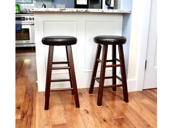 Pair Of Bar Stools With Faux Leather Cushion Seats