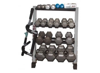 Weight Rack With Weights From 5 To 45 Lbs And A Pull Up Bar