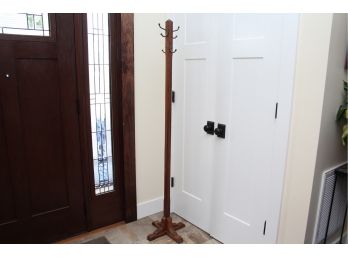 Standing Wood Coat Rack With Four Brass Hooks