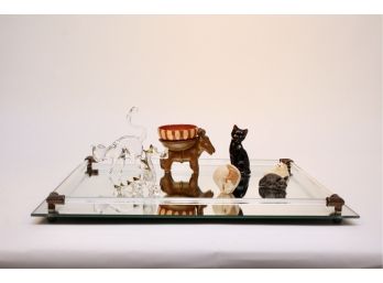 Vanity Mirrored Tray With Glass, Ceramic And Pewter Animal Figurines