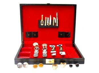 Collection Of Vintage Mens Cufflinks, Tie Clips And A Carrying Box