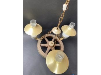 Vintage Wood & Brass Wagon Wheel Pendant Light