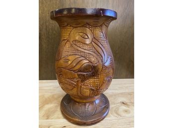 Hand-Carved Footed Wooden Vase, Likely Haitian