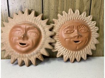Pair Of Authentic Mexican Sun Faces In Terracotta