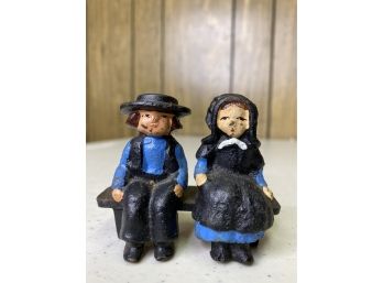 Vintage Cast-Iron Amish Couple Seated On Bench, Tiny