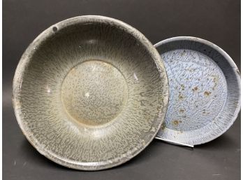 Vintage Speckled-Enamel Pie Plate & Bowl