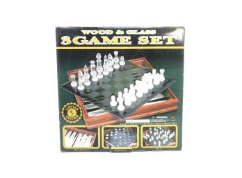 Cardinal ~ Glass & Wood 3 Game Set ~ Limited Edition ~ Chess Checkers Backgammon