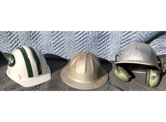 3 Assorted Construction Helmets One With Ear Protection, David Clark Co., Rhoades
