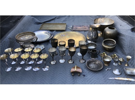 Lot Of Brass And Silver Plate Goblets, Trays, Vases, Pitcher, Inscens Burners, Candle Stick Holders And More
