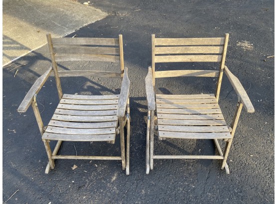 Pair Of Folding Telescope Wood Slat Rocking Chairs