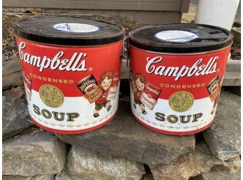 Pair Of Vintage Campbells Soup Advertising Soup Cans With Handles
