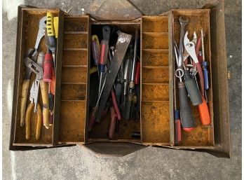 Vintage Metal Tool Box And Some Tools