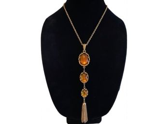 Triple Stone Gorgeous Amber And Gold Necklace W/ Tassel