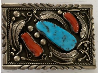 Sterling, Turquoise And Carnelian Belt Buckle