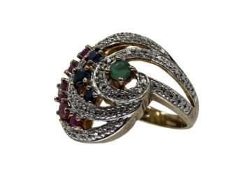 10K Ruby, Sapphire, Emerald & Diamond Ring, Sz. 7