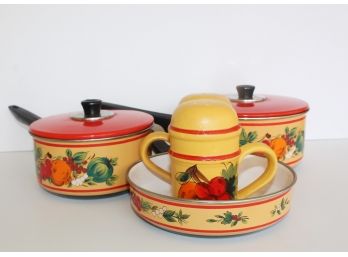 Vintage  70's Enamelware Pots With Salt & Pepper Shakers