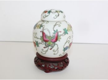 Lovely Ginger Jar With Wooden Carved Stand