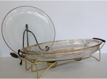 Vintage Pyrex Platter And Stand With Gold Rimmer Plate