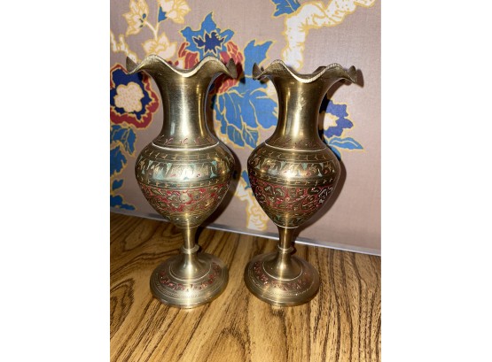 Gorgeous Pair Of Heavy Antique Brass Vases