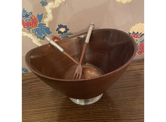 Beautiful Vintage Mid Century Wood And SS Sterling Salad Bowl With Servers