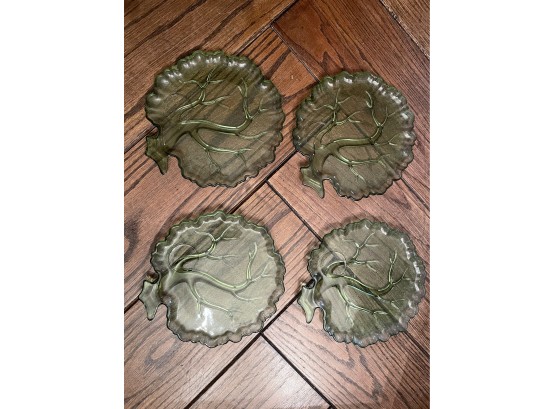 4 Vintage Green Tree Glass Snack Plates