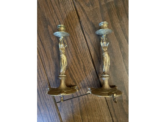 Exquisite Pair Of Antique Deco Brass Lady Candlesticks
