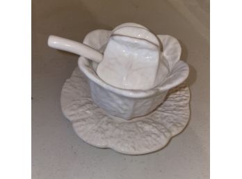 Small Ceramic Cabbage Covered Condiment Jar With Spoon