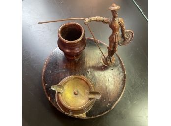 Unique Antique Figural Wood And Brass  Cigarette Service