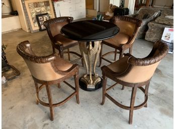 Ornate Leather/wooden Barstools With Granite/Wood Table Set