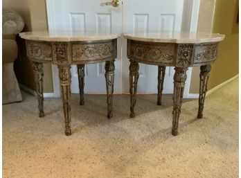 Pair Of Round Engraved Faux Stone/Wood Side Tables
