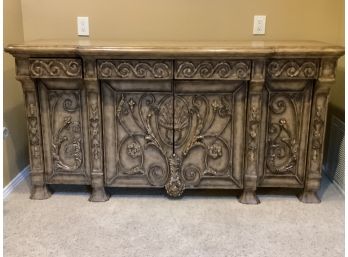 Ornate Wooden Media Cabinet With Floral / Geometric Designs