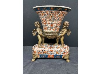 Ceramic  Centerpiece Marked WL 1895 Bronze Putti Ormolu Accents