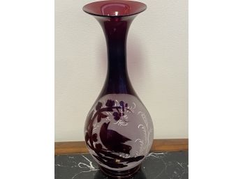 Vintage Ruby Red Hand Blown Art Glass Etched Painted  Vase