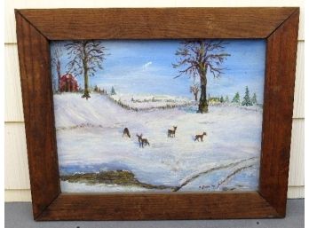 Listed Kingston, NY Artist - Dorothy M. Grosso - (1924-2017) Deer Feeding In Winter Farm Scene, C.1975 Oil
