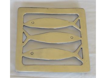 Mid-Century Modern Danish Style Footed Metal Trivet/ Hot Plate With Fish Cut Outs