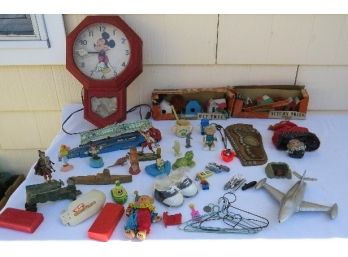 Vintage Bottom Of The Toybox Parts & Pieces Lot - And A Nice Running Mickey Mouse Clock