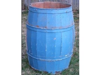 Antique Blue Painted Oak Stave Wooden Barrel - About As Country Style As You Could Hope For!