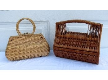 Pair Of Wickered Or Rattan Ladies Hand-bags Mid-Century Retro Style